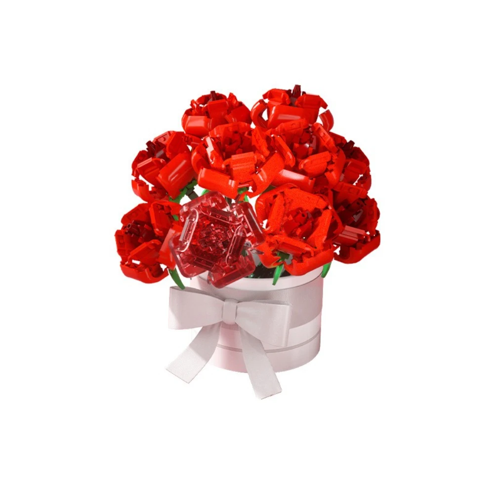 MOC الأبدية الورد الأحمر باقة الزفاف اللبنات مجموعة رومانسية الحب زهرة بوعاء النبات لعبة الأطفال هدية عيد الحب #6