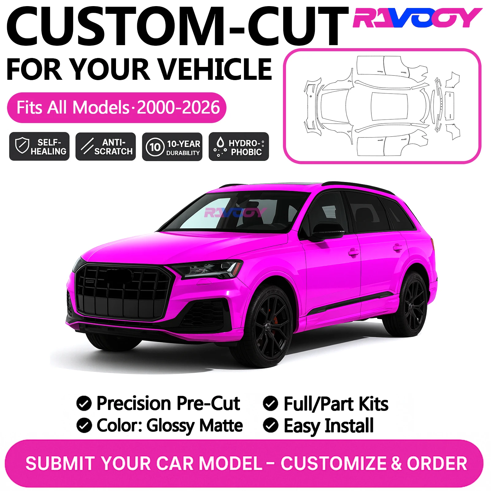 

Изготовленный на заказ комплект PPF для Audi Q2 Q3 Q5 Q7 Q8 2024–2026 Защитная пленка для краски ТПУ Глянцевый матовый Полный автомобильный комплект Комплект переднего и заднего бампера