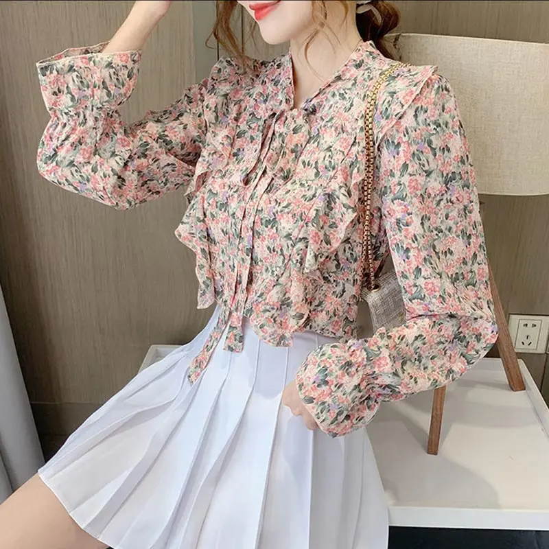 Fashion Floral Loose Blouses For Women Long Sleeve Top Chiffon Shirt Button Bow Tie Collar Printed Blouses Woman Tops