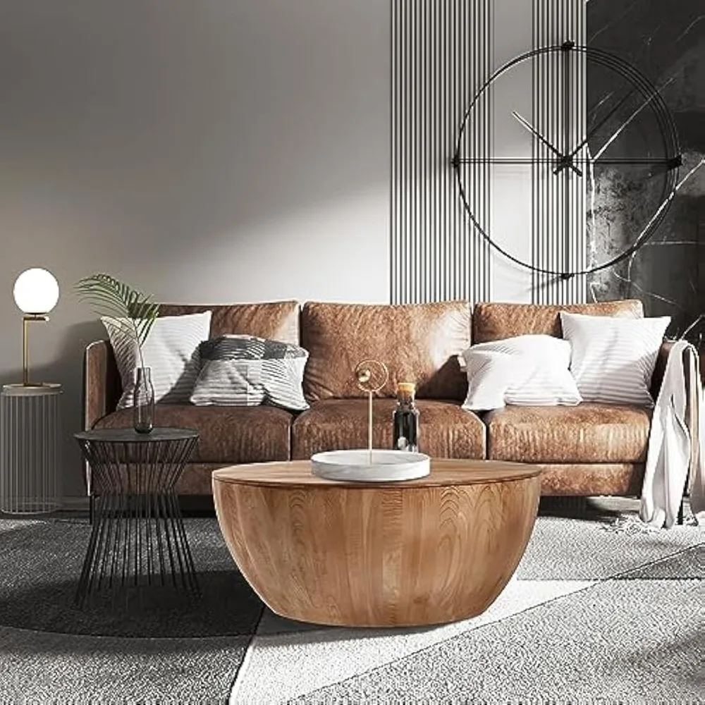 طاولة قهوة مستديرة مقاس 35.43 بوصة مع مساحة تخزين، طاولات قهوة خشبية قديمة لغرفة المعيشة، أثاث طاولة جانبية بمظهر خشبي #4