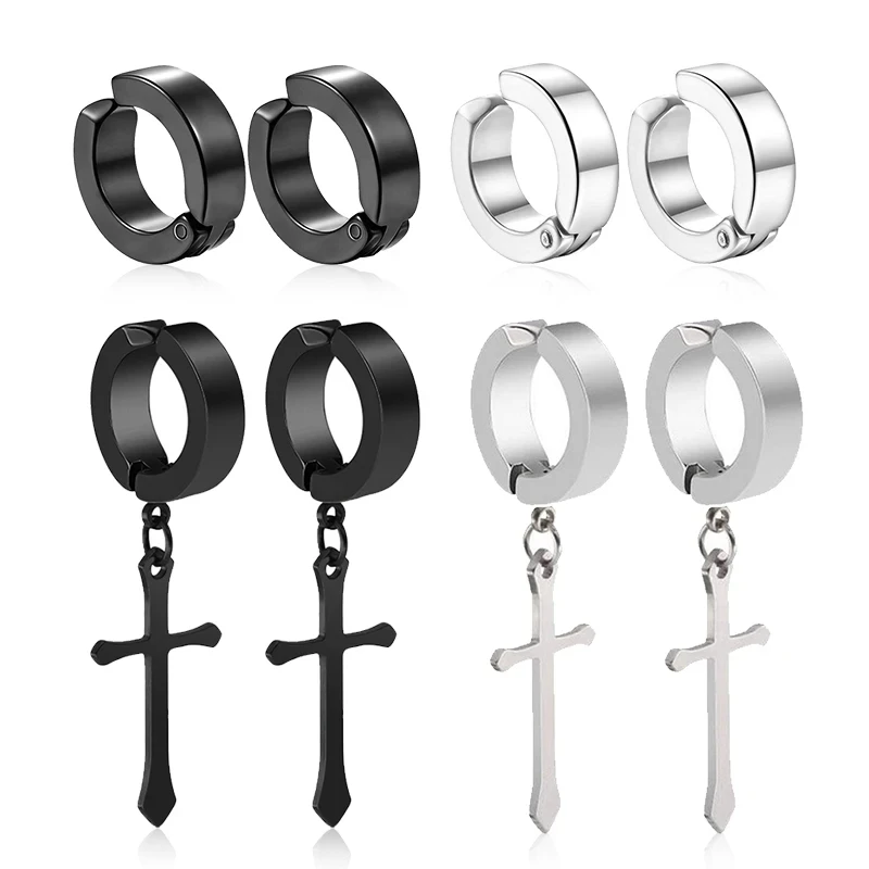 1/2/4pairs Titanium Steel Non-Piercing Clip-on Fake Earring Cross Round Ear Clip For Women Men Punk Party Fashion Sexy Jewelry