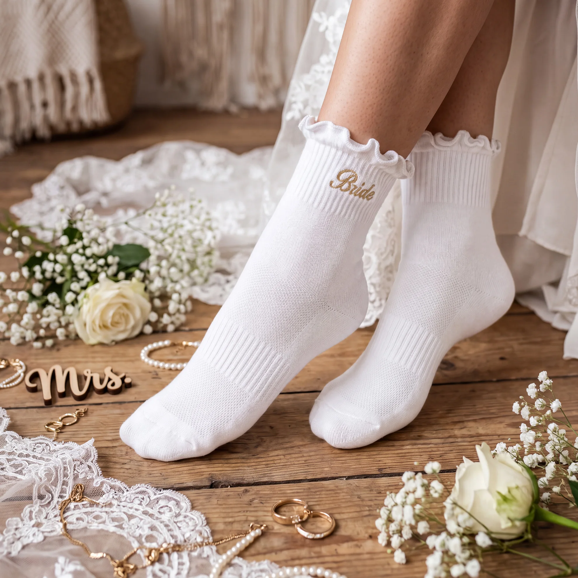 Calcetines de novia de punto acanalado blanco con volantes, accesorio nupcial para el día de la boda, despedida de soltera