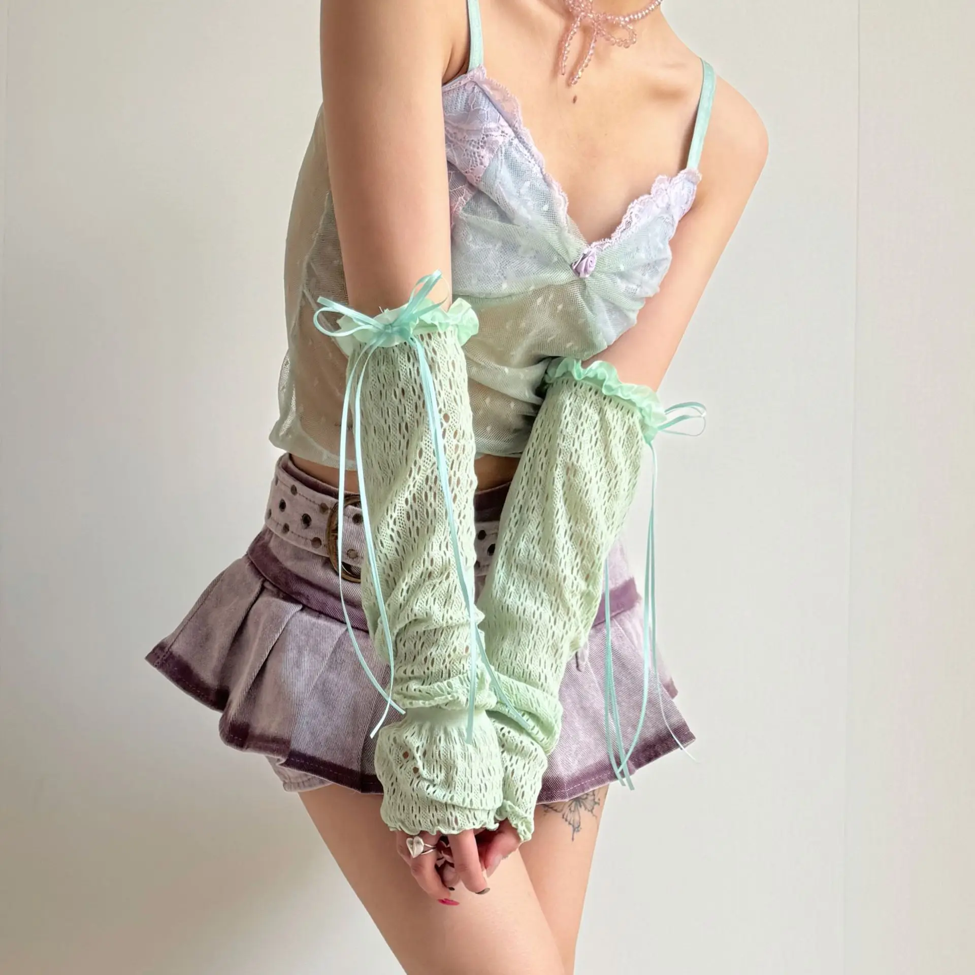 Summer Hollow Bow Ruffles Leg Warmer Jacquard Pattern Mesh Foot Cover Lolita Girl Ballet Style Sun Protection Frilly Arm Sleeves