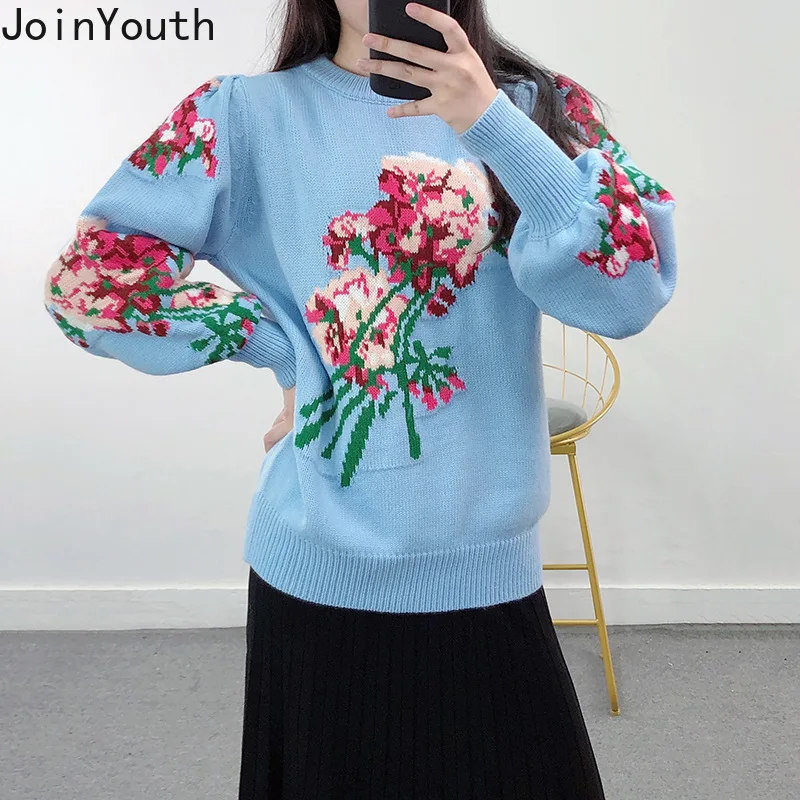 2023 Sueter Mujer Knitwear Pullovers Women Clothing O-neck Puff Sleeve Floral Jumper Vintage Knitted Sweater Tops Pull Femme