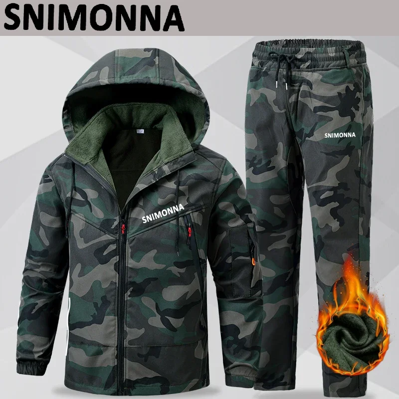 Men Winter Plus Velvet Thicken Fishing Suits, Outdoor Windproof Warm Hooded Jacket, Waterproof Tactical Pants, Ski Clothes