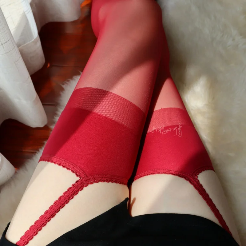 H112 Lace Sling One-Piece Stockings Long Sexy Free Silk Stockings Temptation Four-Side Open Crotch Red Thin Hollow-out