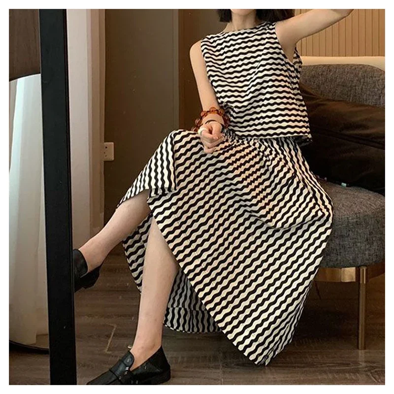 

Advanced striped suit women's summer short vest A-line mid length half skirt two-piece skirt set beach outfits for women