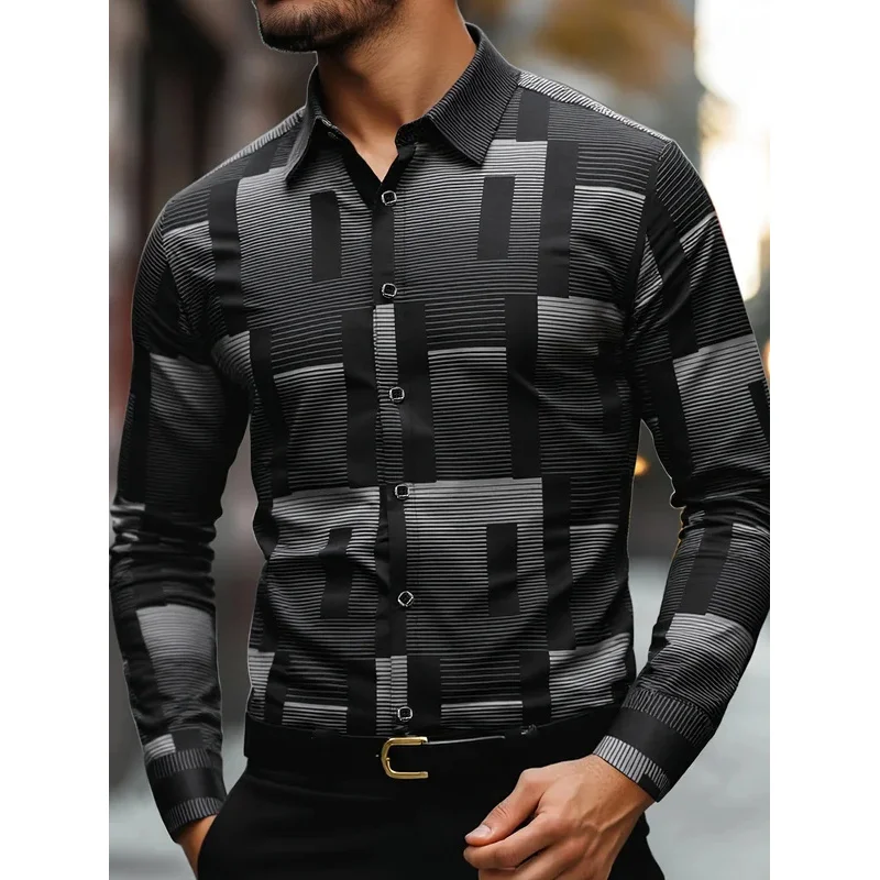 

Men's Slim Fit Geometric Print Shirt Machine Washable, Classic Collar & Button-Up Front, All-Season Versatile Office Casual Wear