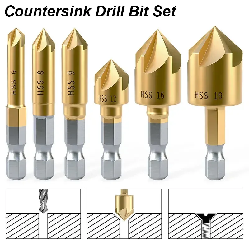 Woodwork Counersink Drill Bit Set Titanium Coat Counter Sink Wood Hole Cutter Metal Plastic 5 Flute Chamfer Ream 90 Degree Tool