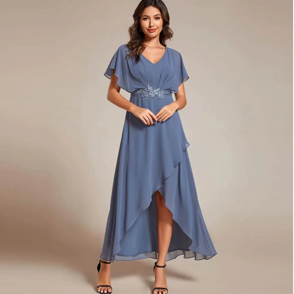 

Customized V Neck Mother of Bride Dresses with Slit Short Sleeve Chiffon Evening Formal Dress Wedding Party Dresses