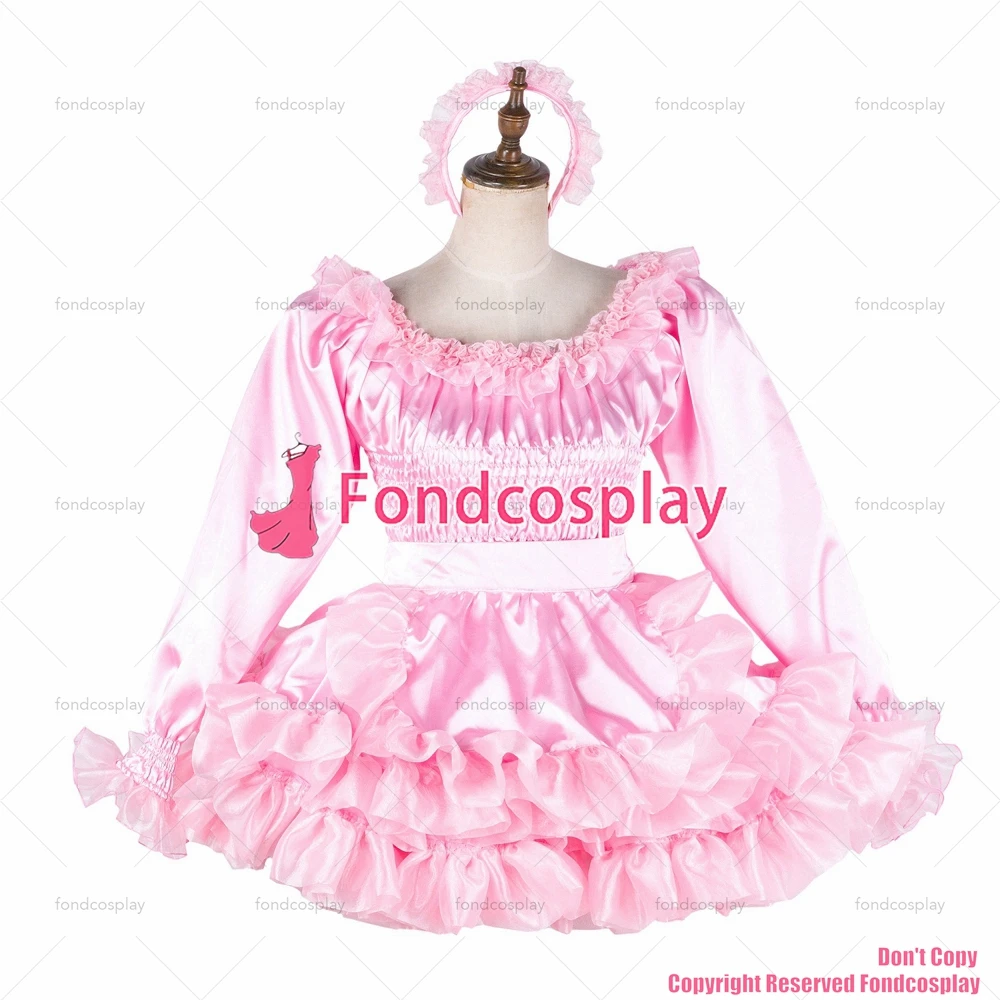 fondcosplay adult sexy cross dressing sissy maid short baby pink satin dress lockable Uniform apron costume CD/TV[G2041]