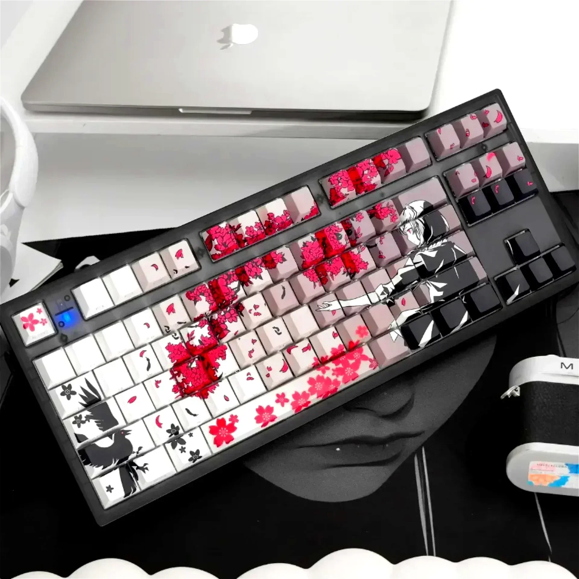 Sakura Raven Keycaps Sakura Side Engraved Translucent PBT Thermal Sublimation 130 Keys for MX Switch Gaming Mechanical Keyboards