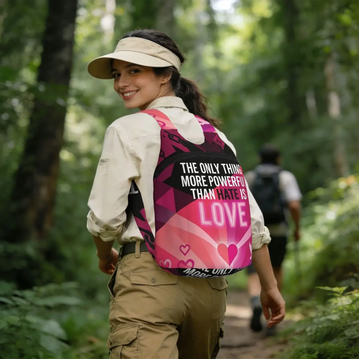 Geometric Love Overcomes Hate Pink Student Backpack School Bag Hiking Travel Daypack for Men Women Storage Bookbag Shoulder Bags
