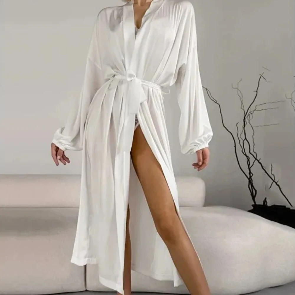 

White Ladies Sleepwear Sexy V-Neck Bathrobe Long Sleeve Nightwear Lace Up Nightgowns Ankle-Length Dress Home Clothes