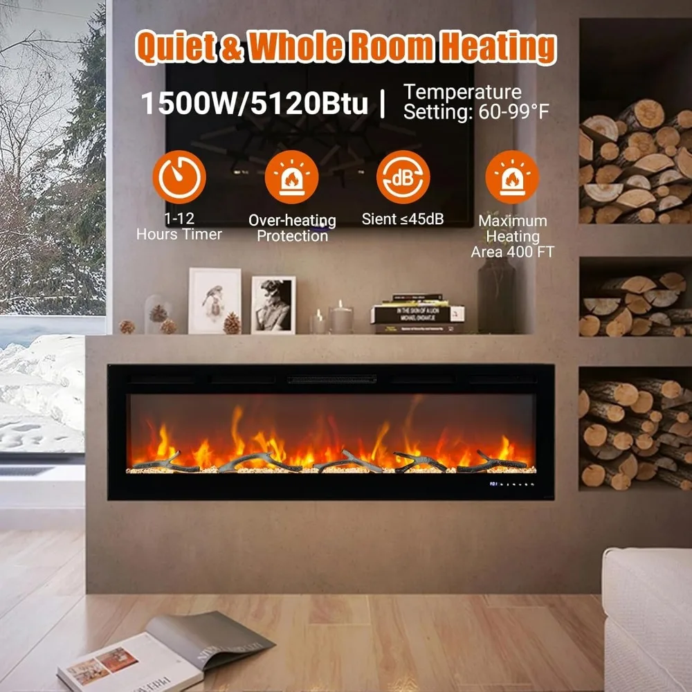 Smart Wall-Mounted Electric Fireplace with WiFi & Alexa Control, 3D Flames, Adjustable Power, 12 Color Options