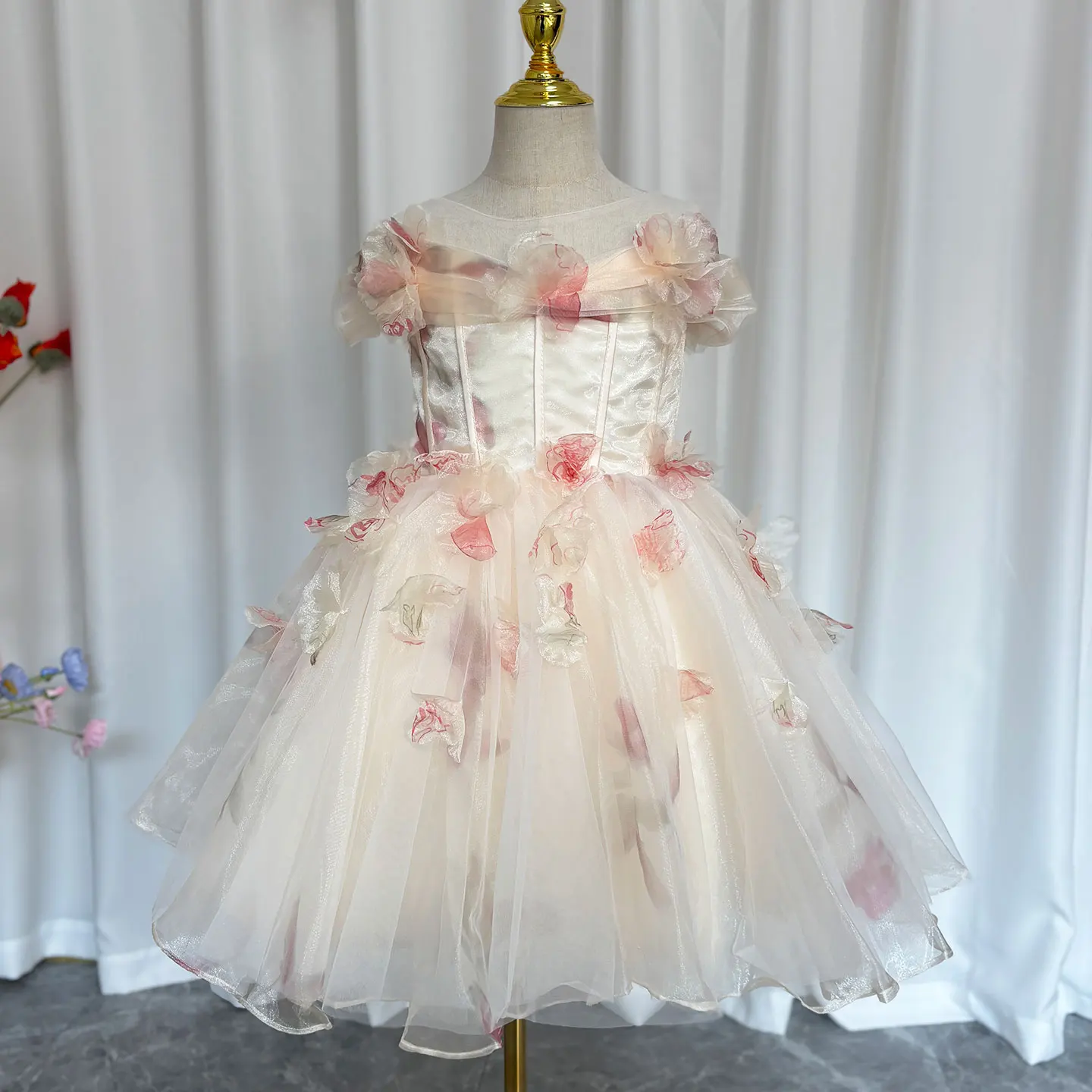 Jill Wish Elegant Champagne Flower Girl Dress Floral Princess Children Dubai Wedding Birthday Party Gowns vestidos de novia J345