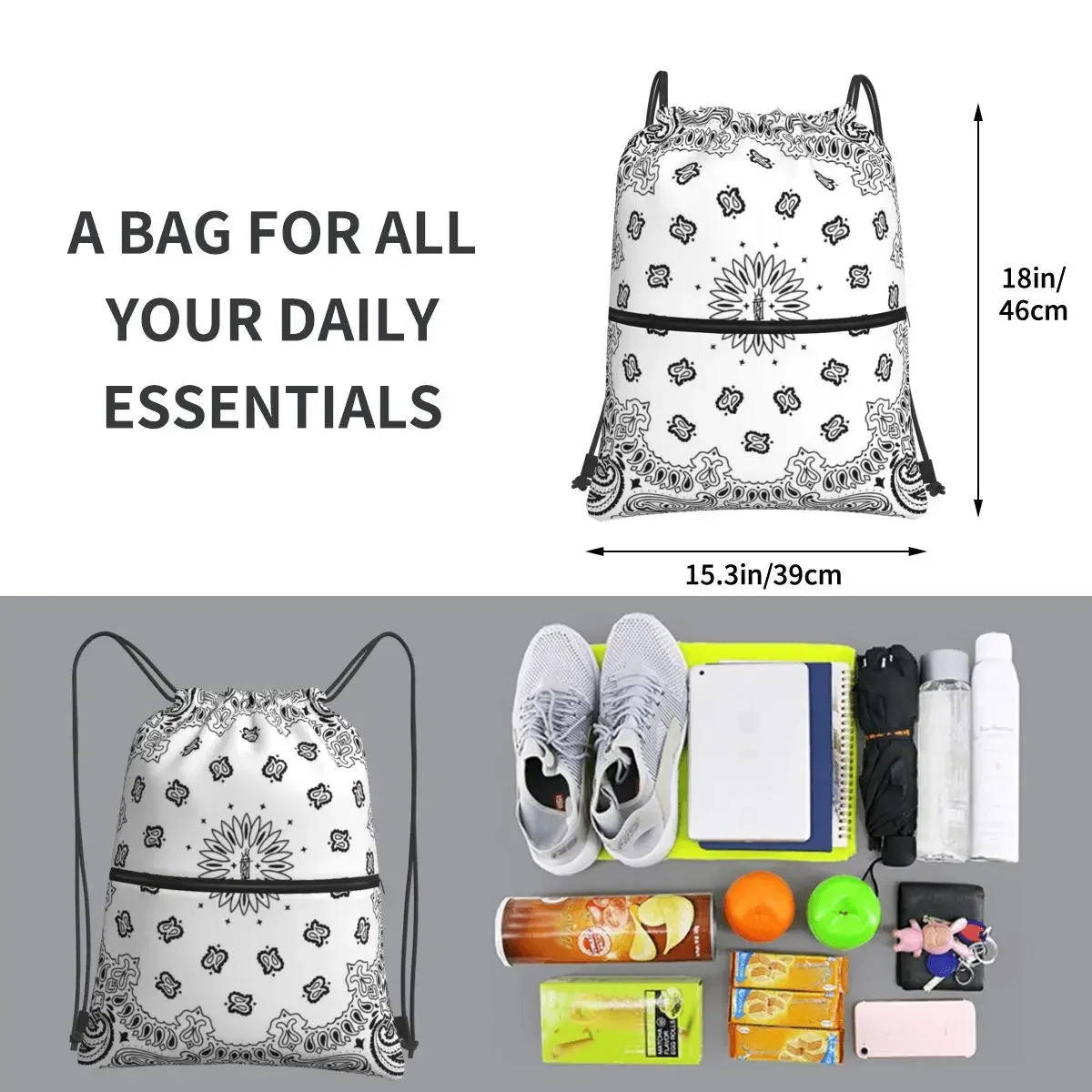 Bandana mochilas portáteis personalizadas, multi-função Drawstring Bundle Pocket Shoes sacos para estudantes da escola, branco