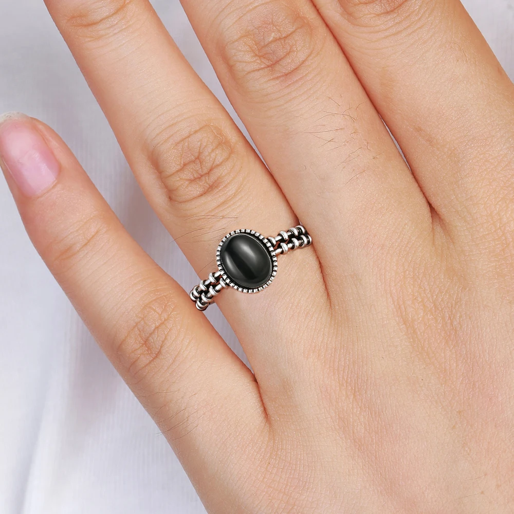 Nouveau S925 bague en argent Sterling naturel noir Onyx Vintage Unique fête Couple cadeau bague pour femme