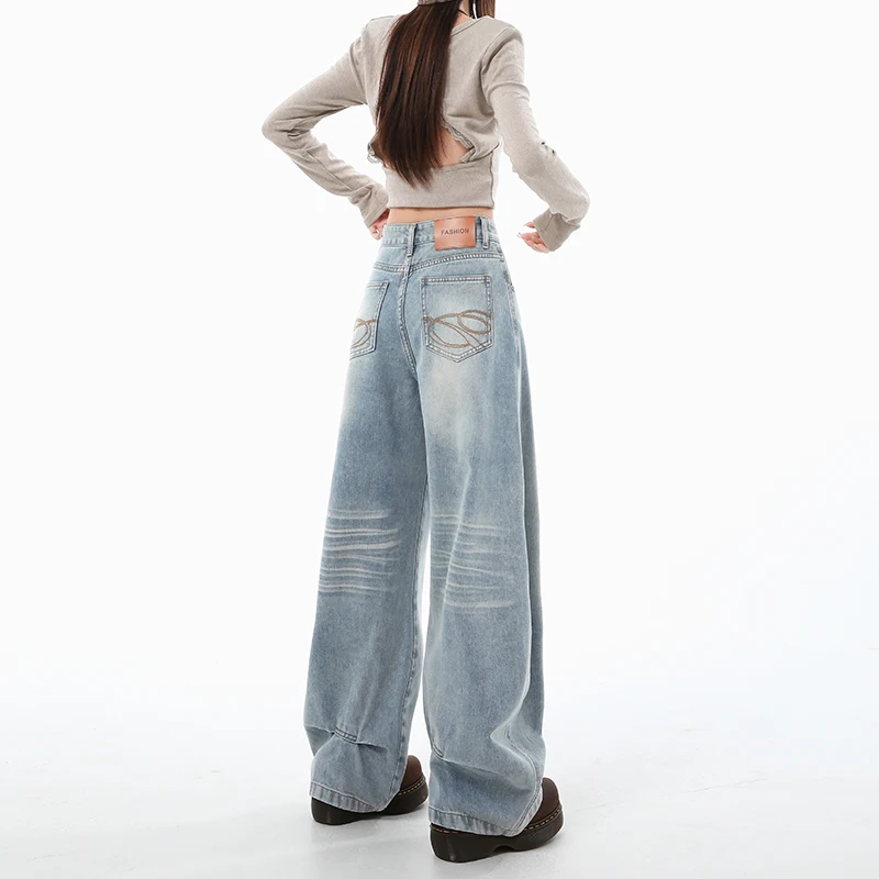 2025 Autumn New High Waist Loose Wide Leg Jeans  Women Y2K Cotton Personalized Design Slim Straight Tube Loose Floor Pants