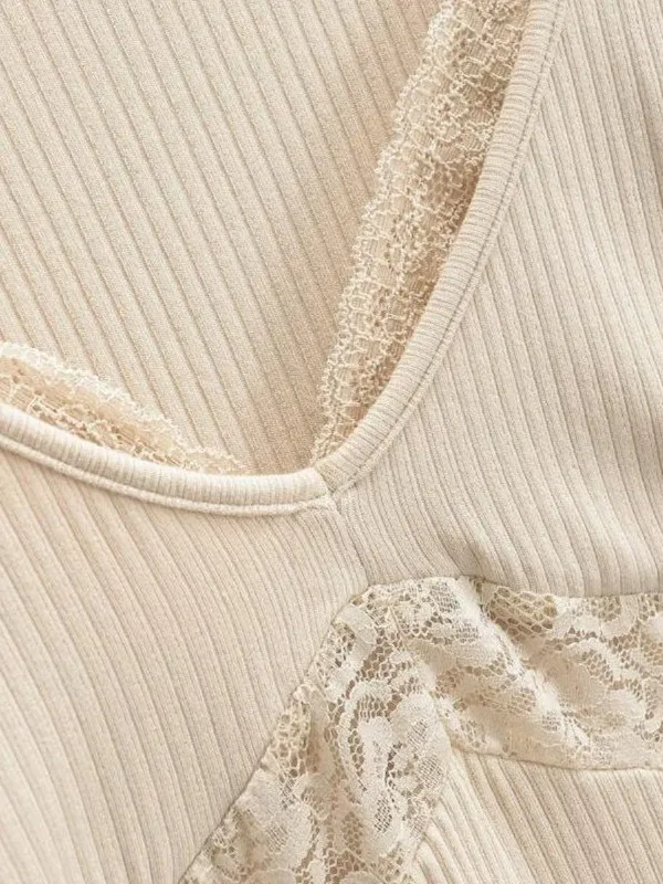 Pure Desire Sexy Long Sve T-irt Lace Hollow out Splice Slimming Waist Top for Women Street Sle ort Sve V Ne