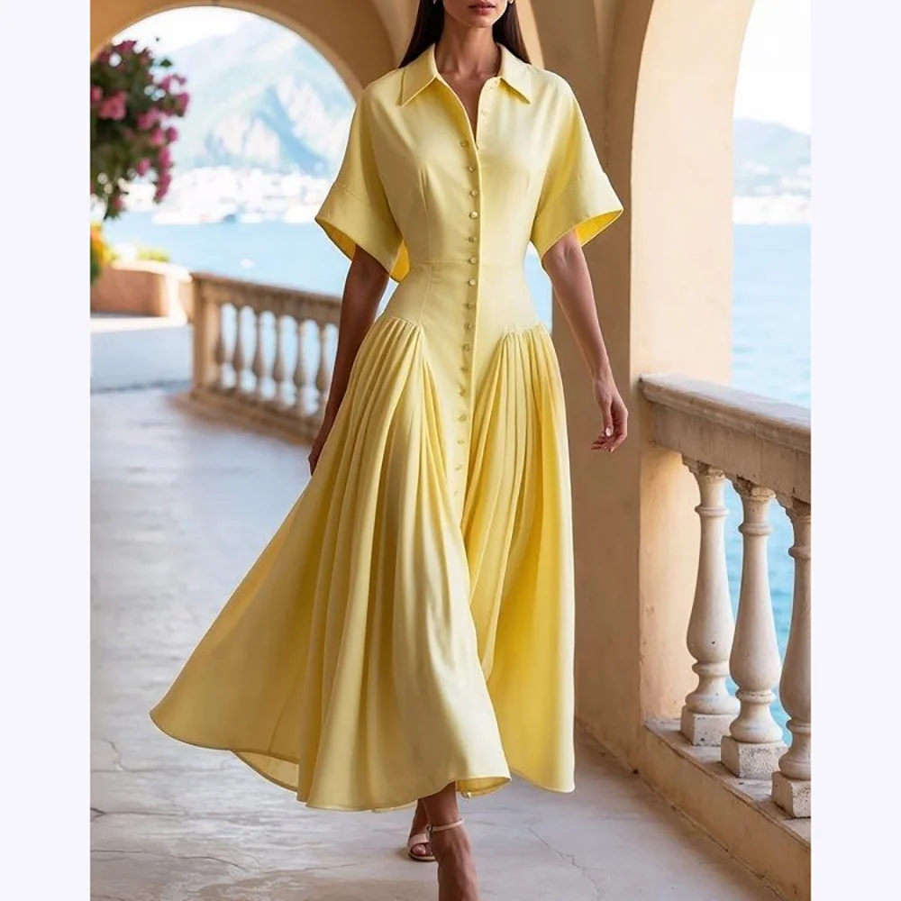 

Simple Fashion Prom Dresses Stand Collar Short Sleeve Buttons A Line Evening Gown Ankle Length Model Show Formal Dinner Robes