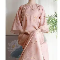 Autumn New Improved Chinese Retro Elegant Round Collar Loose seven-point Sleeve Floral Printing Women Cheongsam Dress