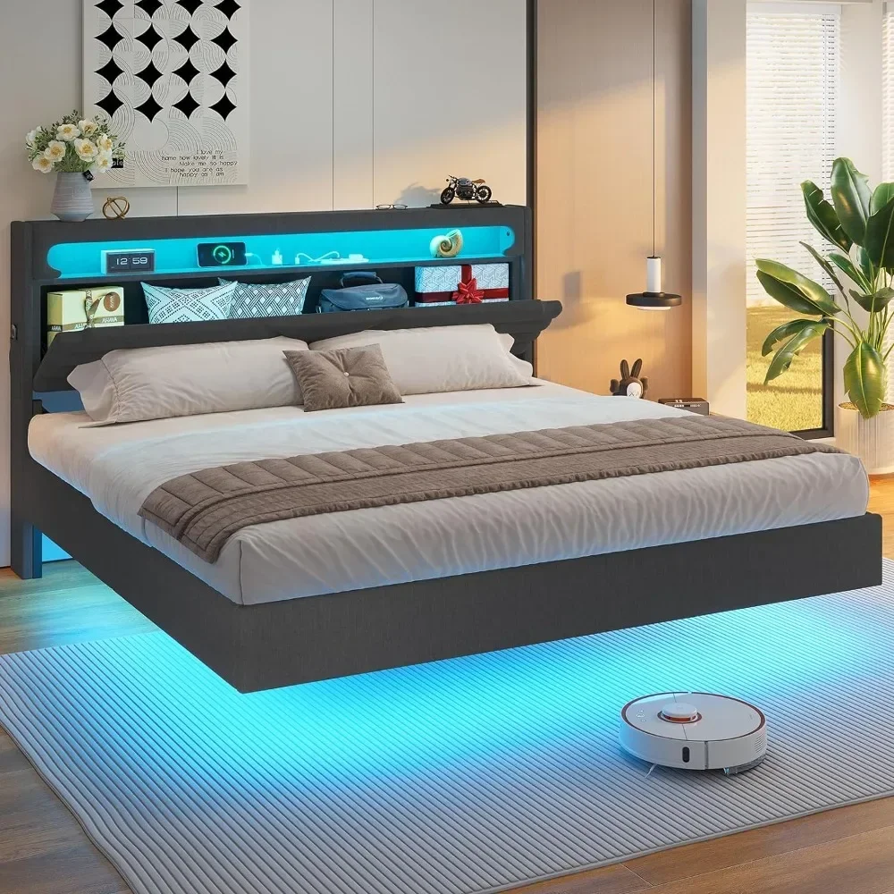 for Bed Frame King Size with Type-C Charging Station& Hidden Storage Headboard, Floating Platform Bed with RGB LED Lights