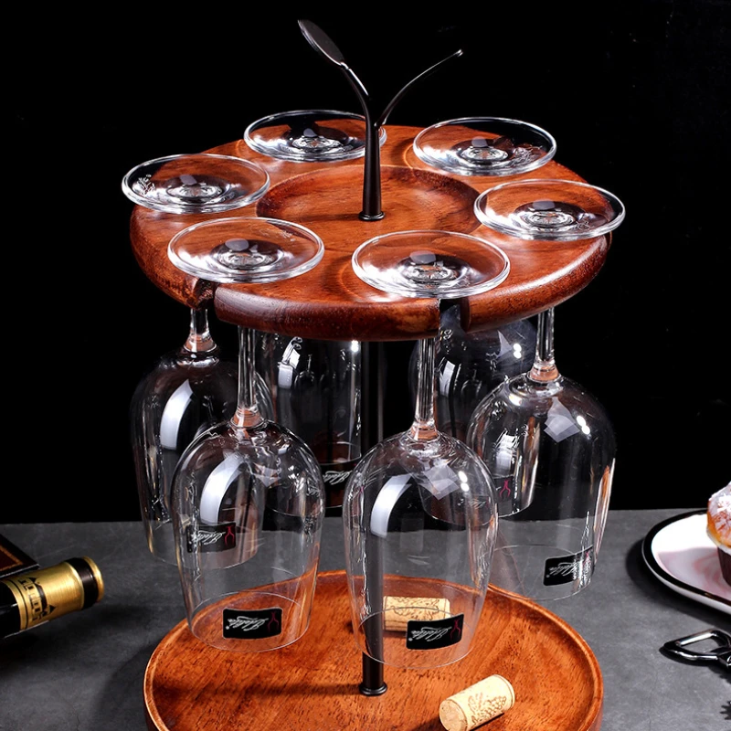 6個収納可能 逆さワイングラスラック 木製吊り下げカップホルダー 無垢材 赤ワインディスプレイスタンド グラスオーガナイザー