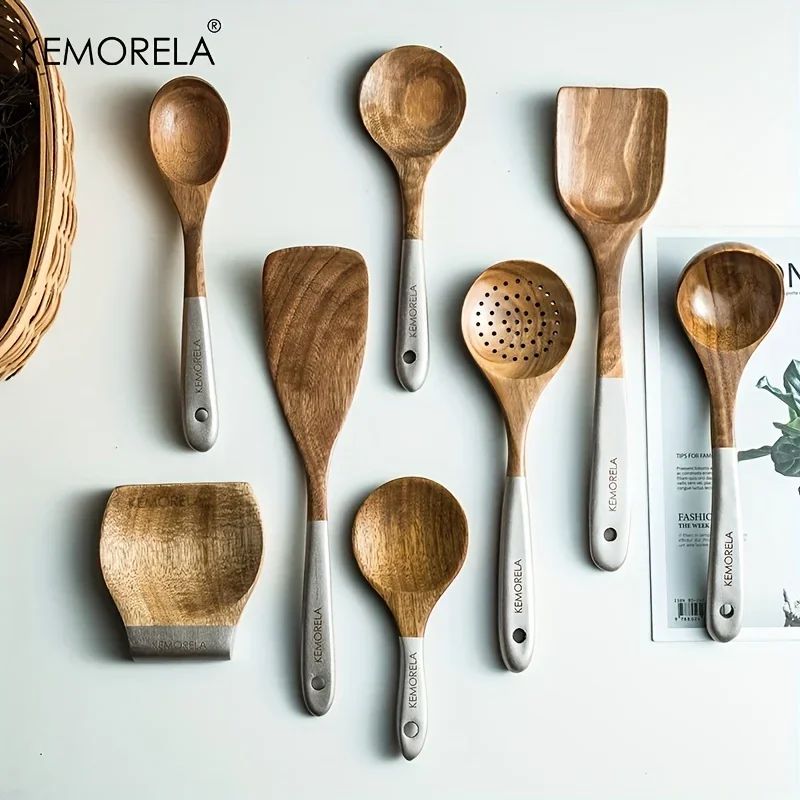 KEMORELA 9PCS Acacia Wooden Cooking Utensils Wooden Spoons for Kitchen with Utensils Holder and Rest Spatula Slotted Spoon