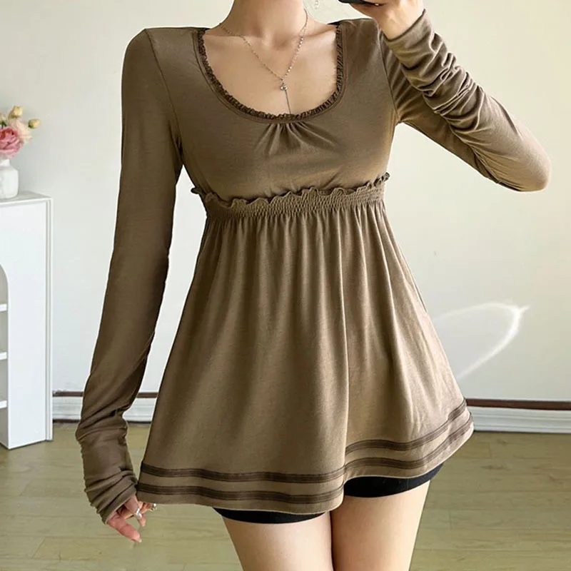

Solid Color Square Neck Doll Shirt With Lace Border Loose A-List Top For Girls' Casual And Versatile T-Shirt Design