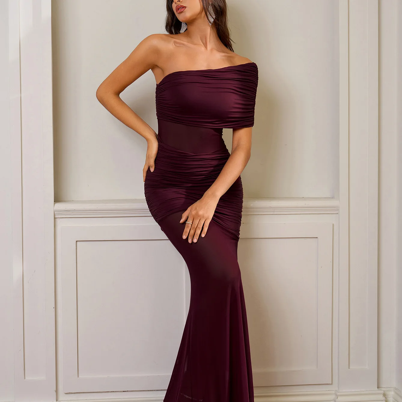 فستان Mingmingxi طويل للحفلات للنساء، فستان شفاف شبكي مثير، فستان أنيق بكتف واحد مكشكش لحفلات أعياد الميلاد #4