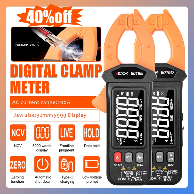 

Victor 6019D/E Mini Digital Clamp Meter 6000 Counts NCV HIGH PRECISION Type-C Charying Li- Battery Reverse Display Screen Tester