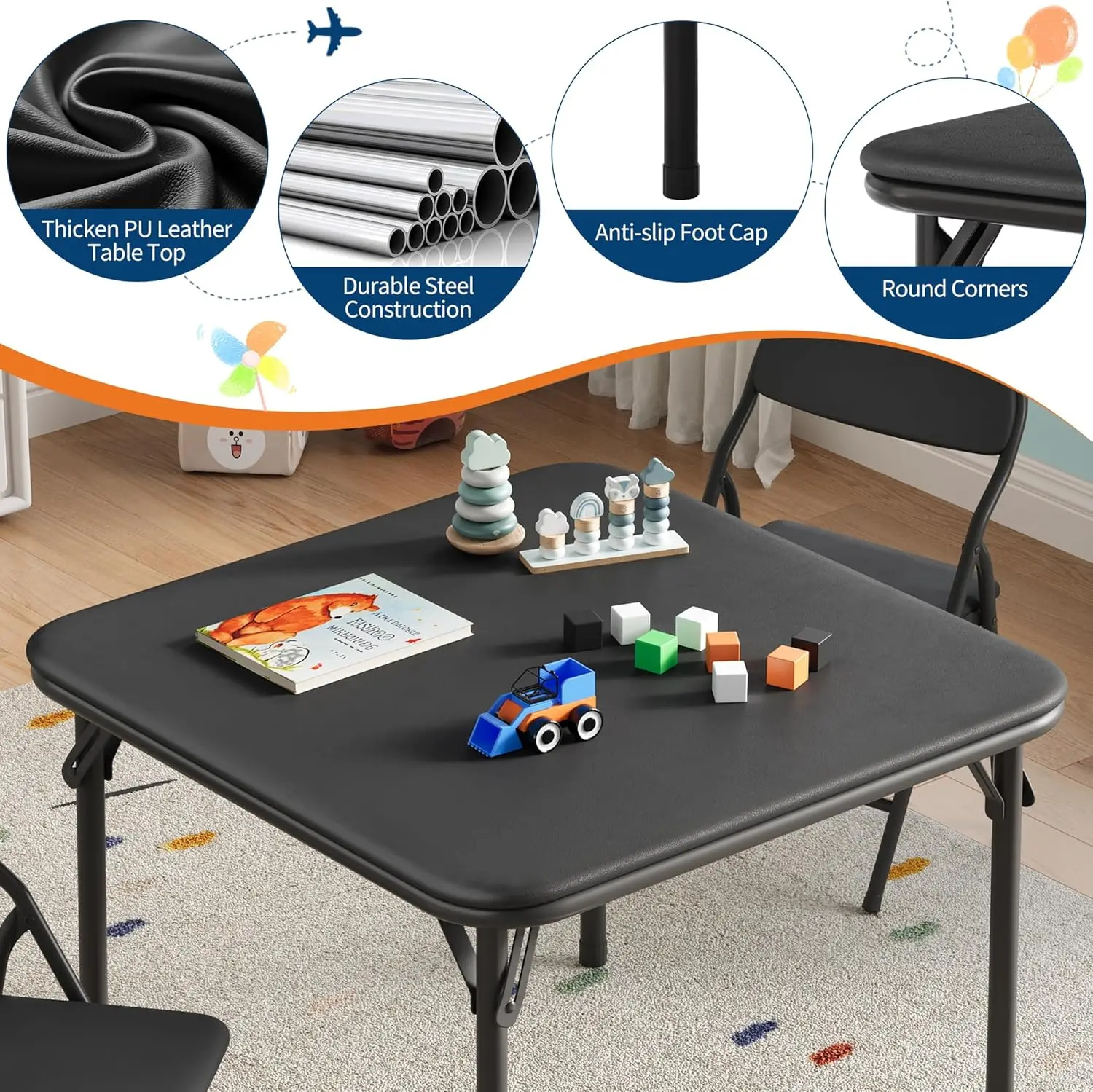 5-Piece Kids Folding Table and Chairs Set, Square Table | Foldable Children's Activity Table & Chair Set, Upholstered Chairs, Waterproof PU Top, No Assembly, Toddler Furniture, Black view 5