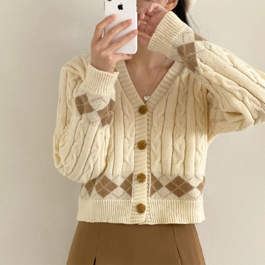 شيك ربيع الخريف منقوشة V-ne ort محبوك سترة مفتوحة سترة ملابس خارجية زر واحد الماس نمط المرأة #4