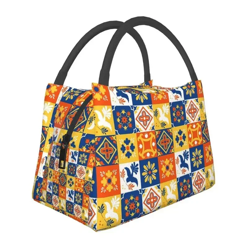 Mexican Flower Insulated Lunch Tote Bag for Women Talavera Ceramics Tiles Portable Thermal Cooler Food Lunch Box Hospital Office