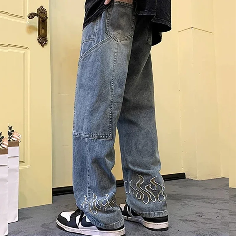 

Spring Autumn New Button Zipper Fashion Straight Pants Man High Street Casual Loose Embroidered Pocket Patchwork Cotton Jeans