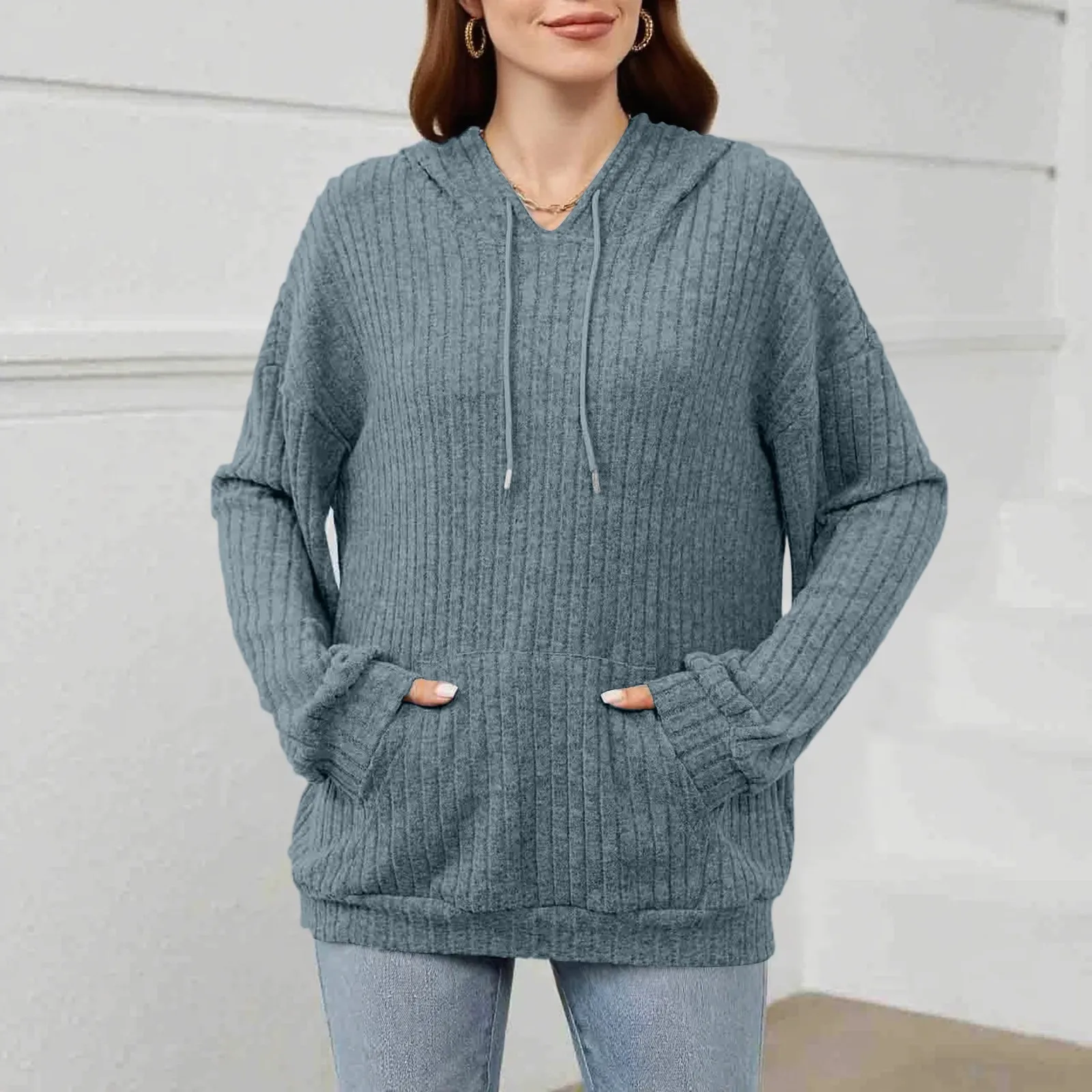 Sudadera con capucha holgada de manga larga con cordón y bolsillo para mujer, Top de Color sólido, sudaderas con capucha, ropa de invierno para mujer