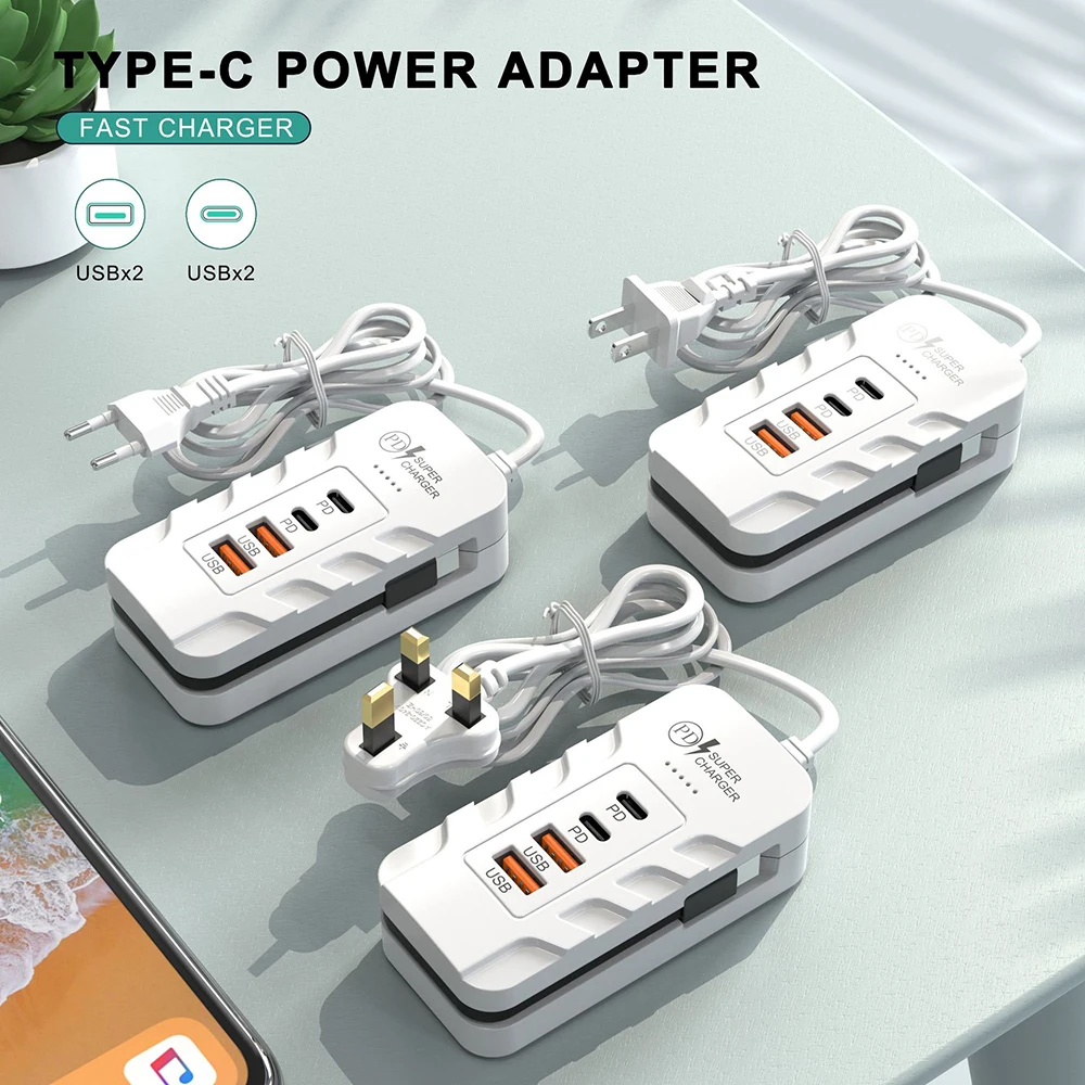 4 in 1 USB C Charger Socket Fast Charging Phone Charger Power Strip For iPhone Samsung Xiaomi EU/US/UK Plug Wall Power Adapter