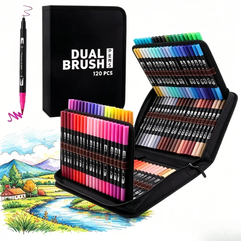 

100 Colors Dual Tip Marker Set, Double Head Brush & Fine Liner Pens, Art Drawing Stationery for School Office Writing Painting