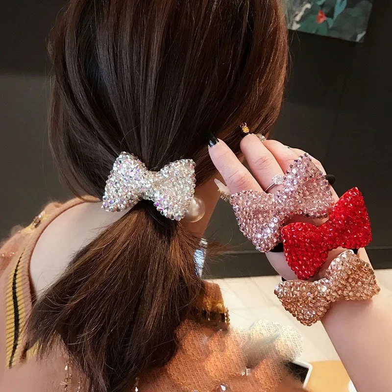 Fashion Crystal Bow Elastic Hair Band Luxury Pearl Rhinestone Jewelry Hair Rubber Bands Rope Headbands Women Hair Accessories