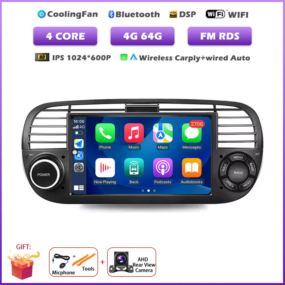 7 " Voor FIAT 500 2007-2015 GPS Navigatie Android 16 Auto Draadloze Carplay Auto Multimedia Video Speler Stereo Autoradio gereedschap BT