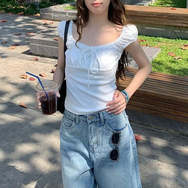 Female Clothing Lace Drawstring Slim Shirts French Style Square Collar Summer Fashionable Hollow Out Puff Sleeve Short Blouse