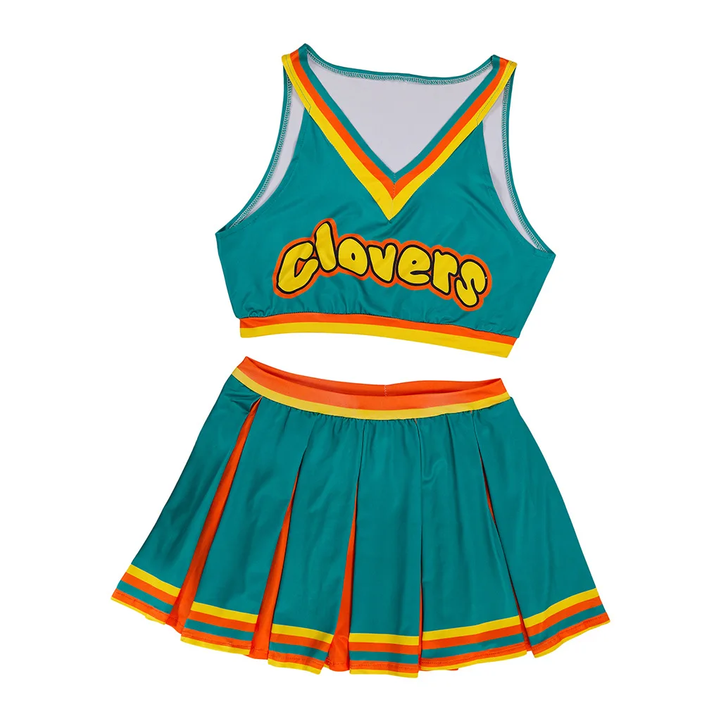 أحضر ذلك على زي المشجع للبالغين باللون الأخضر الداكن ملابس المشجع فستان بتصميم حالم بدون أكمام تنورة صغيرة لزي الهالوين