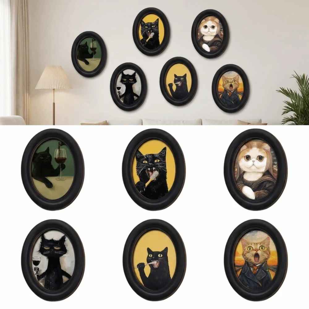 New 2D Abstract Wall Art Wooden Black Frame Oval Wall Decoration Adhesive Mounting Oval Shaped Cat Portrait Decor Gallery Decor
