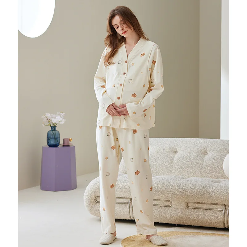 

Pregnant Women Spring and Autumn Cotton Long Sleeve Set Postpartum Maternity Nursing Home Wear