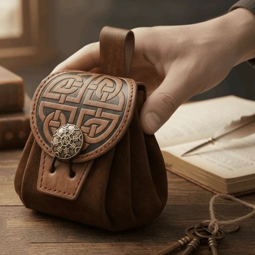 Vintage Drawstring Fanny Packs Embossed Design Steampunk Waist Coin Purse Hangable Feature Faux Leather Belt Bag Medieval Theme