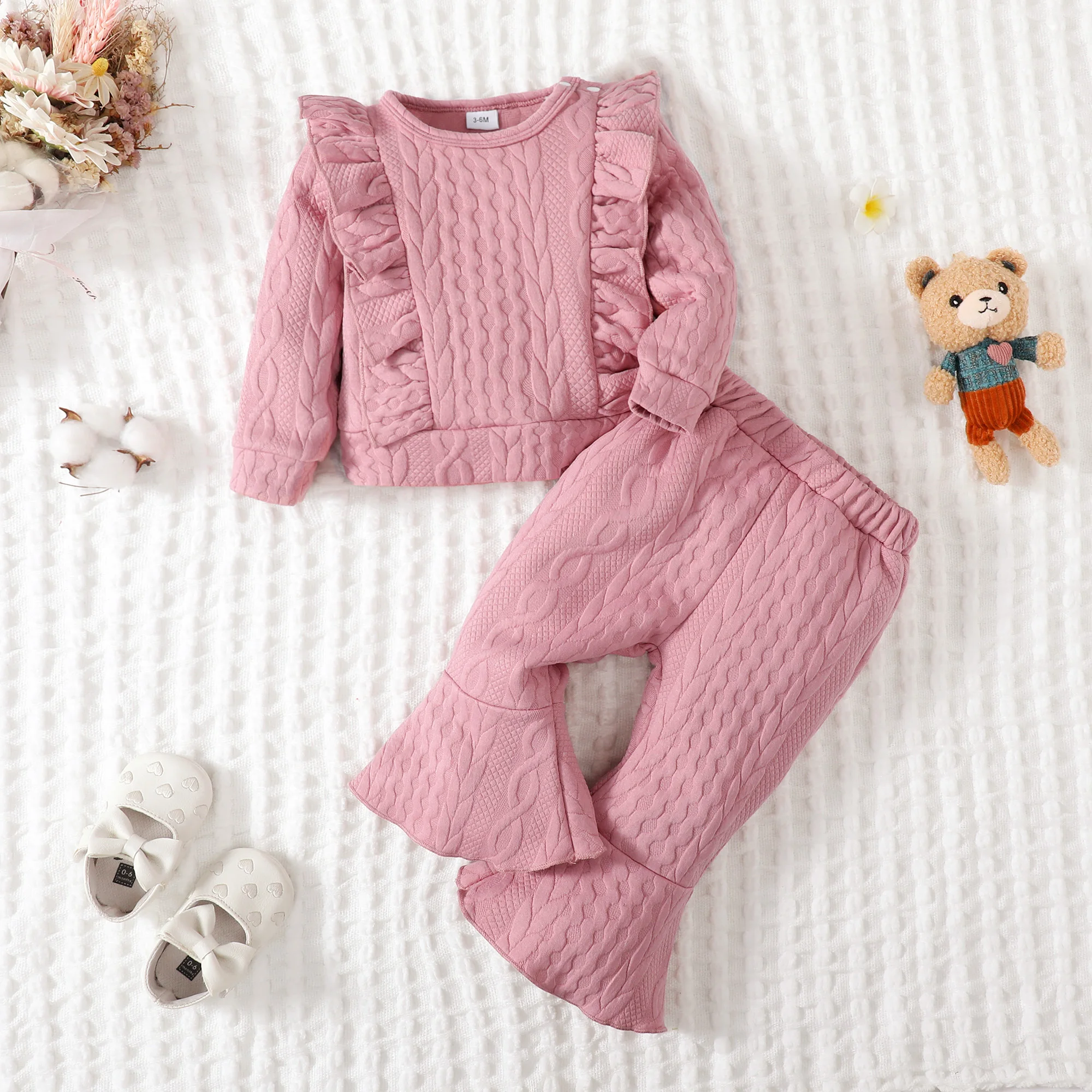 2pcs Baby Girl Clothing Casual Crewneck Long Sleeve Top&Solid Flared Pants Baby Clothes Set Fall Winter For Toddler Baby Girl