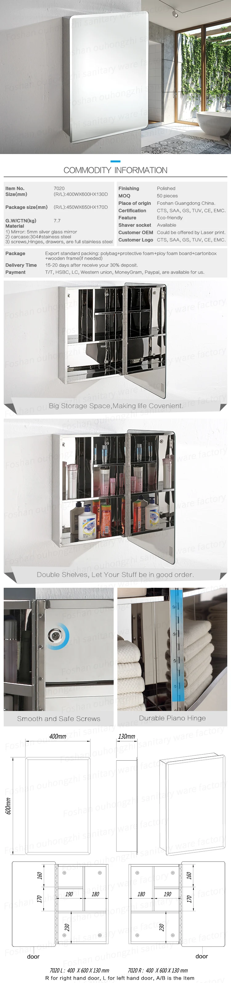 Hotel Hot Sale Bathroom Silver Mirror Cabinet Without Light