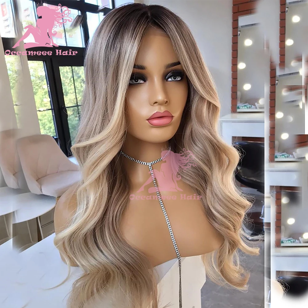 Highlights Ash Blonde Full Lace Wig Natural Wavy Brazilian Remy Human Hair Wig Glueless Lace Frontal Wig 13x6 Transparent Swiss