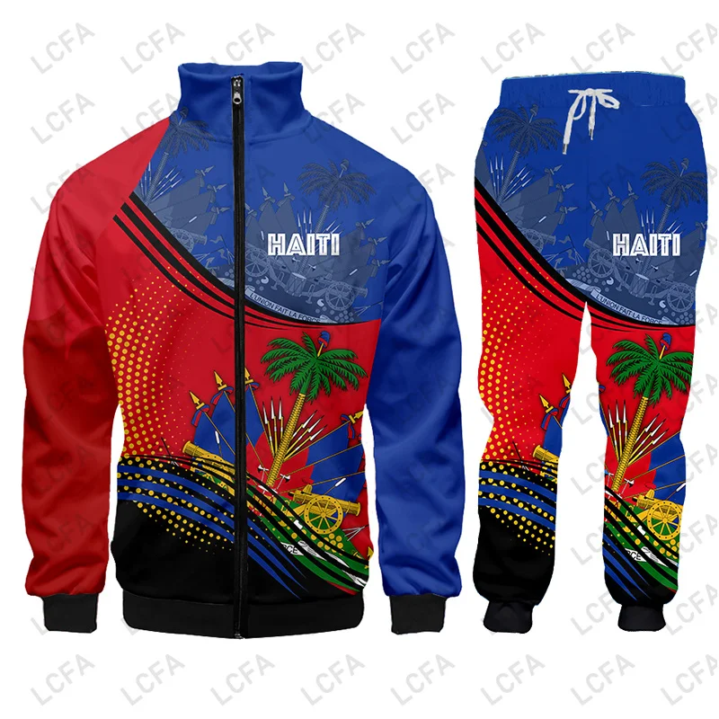 Emblem Flag Caribbean Sea Haiti Island Retro Hoodies Jacket Tracksuit Men 3D Print Pants CUSTOM Sweatshirt Unisex Clothes